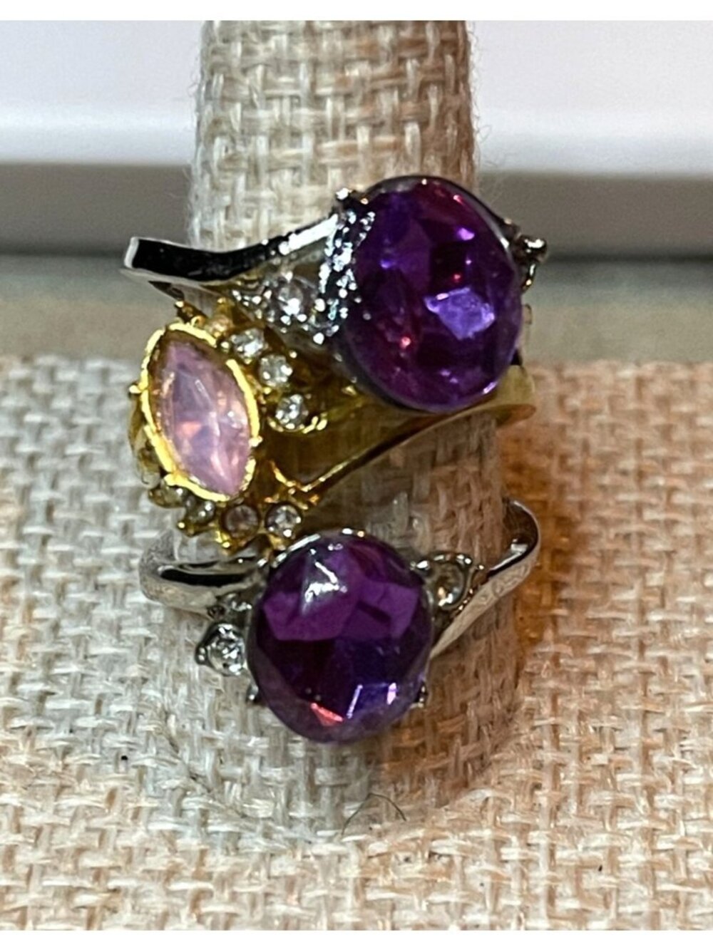 NWOT Fashion Ring Lot 3 Purple Pink Rhinestone Statement Size 6.25